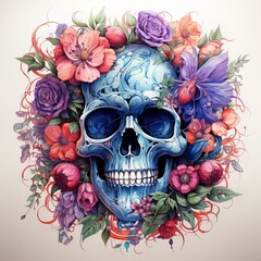 Blue skull with flowers clipart
