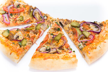Pizza slice isolated on white background, with onions, bacon and cherry tomatoes, thin pastry...