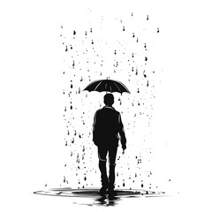 Silhouette boy with umbrella during drizzle black color only