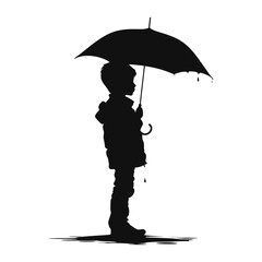 Silhouette boy with umbrella during drizzle black color only