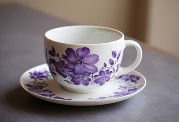 Fototapeta na wymiar White and Purple Floral Ceramic Mug on Saucer