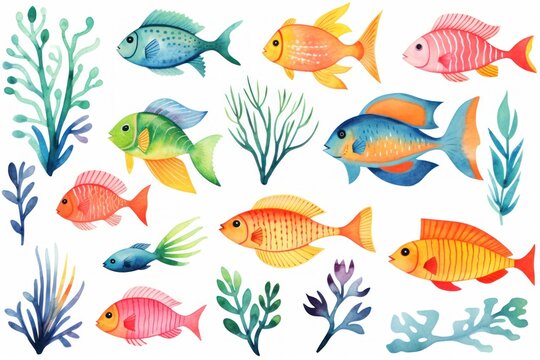 A variety of colorful fish, including orange, pink, blue, and yellow, swimming among green and blue seaweed. They are set against a white background.