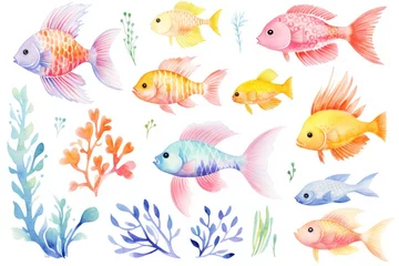 Fotobehang A variety of colorful fish, including goldfish, swimming among seaweed and coral. The fish range in size, shape, and color. The seaweed and coral are bright and detailed, adding depth to the scene. Th © Neuraldesign