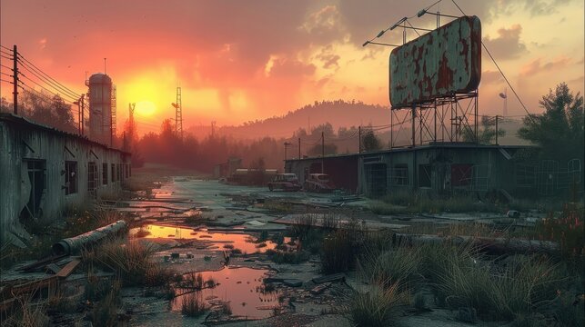 A derelict military base at sunset. Generative AI.