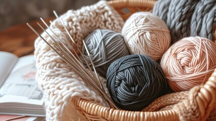 Obraz na płótnie Canvas Knitting Essentials with Wool Yarn Balls and Needles in Wicker Basket