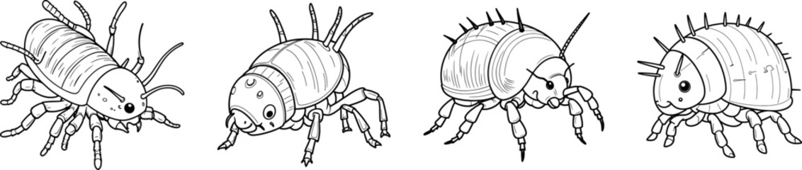 Woodlouse hand drawn coloring page and outline vector design