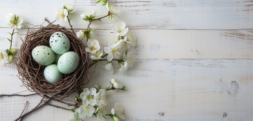 Obraz na płótnie Canvas light green eggs in the nest with blossom branches and easter wreath on white wooden background