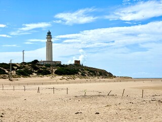 Faro de Trafalgar, view of the lighthouse at a sandy headland with dunes between Los Caños de Meca and Zahora, Conil de la Frontera, Vejer de la Frontera, Costa de la Luz, Andalusia, Spain