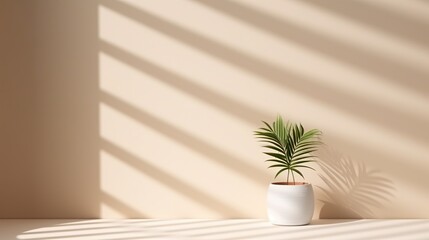 Minimalist table and wall with natural shadow from window for product display and presentation concept background.