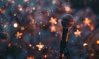 Glowing music sheets notes on beautiful lights bokeh background with microphone - obrazy, fototapety, plakaty