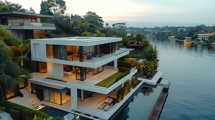 Fototapeta na wymiar Lake top Villa With Private garden, Beautiful modern architecture, White building. Aerial high view. Generative AI.