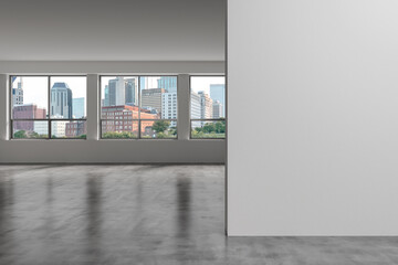 Downtown Nashville City Skyline Buildings from High Rise Window. Beautiful Expensive Real Estate overlooking. Empty room Interior. Mockup wall. Skyscrapers Cityscape. Day. Tennessee. 3d rendering.