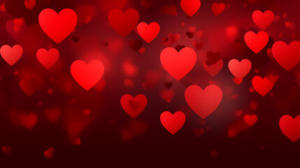 Abstract Valentine's Day background with red hearts and blurred bokeh lights