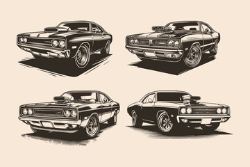 set of classic car silhouette. Vintage American old style muscle car