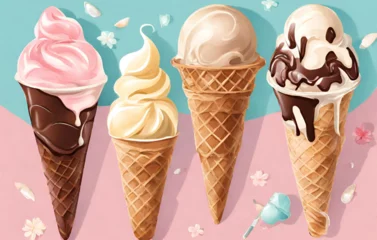 Foto op Canvas Ice cream cone set with three realistic colorful ice cream wafers of different taste with berry topp  © Arslan
