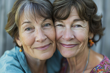 Happy middle-aged couple friends leaning cheek to cheek to each other. Portrait of two smiling mature sisters hugging