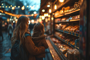 Fototapeta premium Mother and child at Christmas street market looking at a stall of sweets. Woman and girl buying christmas bakery at fair