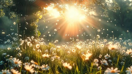 Fototapeta na wymiar White flowers and grass summer time, sun rays shine upon it. Generative AI.