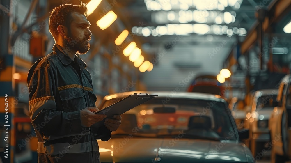 Aufkleber a car mechanic working with a clipboard. generative ai.