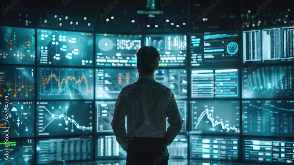 Poster A data analyst looking at his massive futuristic screens with lots of data dashboards. Generative AI.