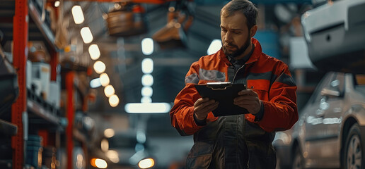 A car mechanic working with a clipboard. Generative AI.