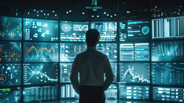 A data analyst looking at his massive futuristic screens with lots of data dashboards. Generative AI.