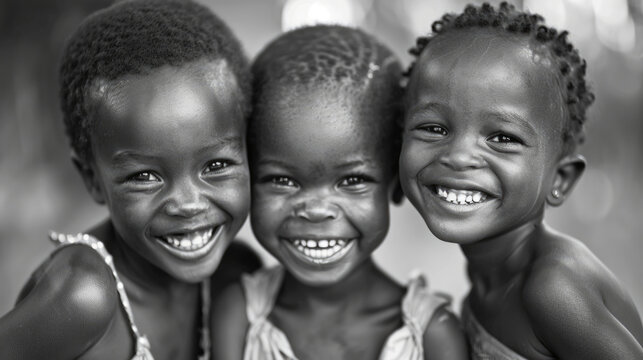 international Day of the African Child, portrait of little African girls and boys, happy smiling African children, black and white photo - Powered by Adobe