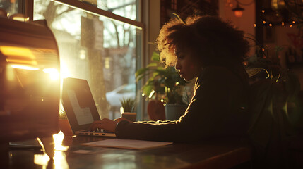 Mulher trabalhando em um café aconchegante com luz solar quente filtrando pela janela - obrazy, fototapety, plakaty