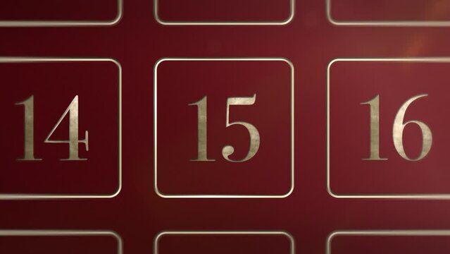 Red door number 15 fifteen opening calendar reveal, updateable green screen revealing transition sting, 3D gold xmas festive golden numbered doors shiny video, Christmas Advent Calendar animation