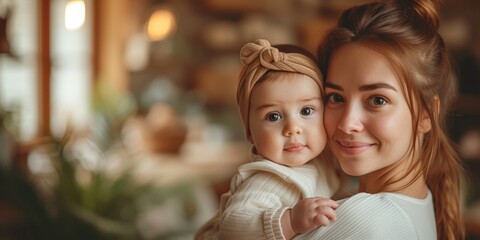 A tender and lovely moment of motherhood during the holiday season, celebrating Christmas with a young daughter. - obrazy, fototapety, plakaty