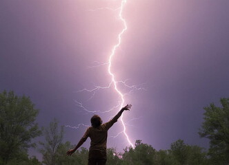 A young girl on the background of bright lightning in a storm.