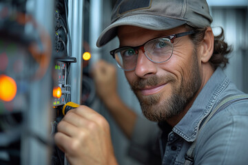 Portrait of a professional and confident electrician wearing a cap and protective glasses.