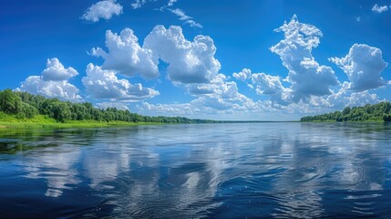 Wide view of the river under a sky decorated with clouds