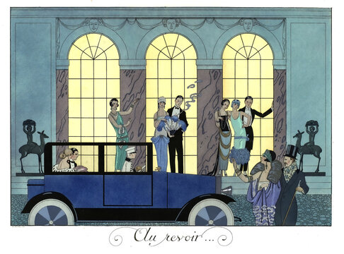 Vintage illustration from a 1920s women's magazine. French text means 'see you  again'. A group of affluent people saying their goodbyes and leaving from a mansion tor a classic car. 