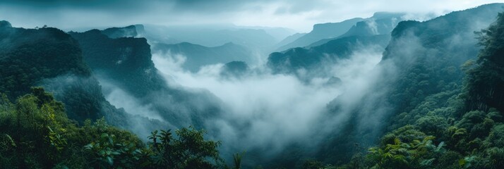 An ethereal mist over the green mountain peaks
