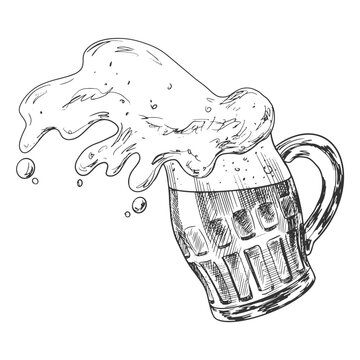 Glass of spilled beer. Pint glassware. Oktoberfest vector illustration. Sketch style mug of foaming beer. Engraved illustrations for pub menu.