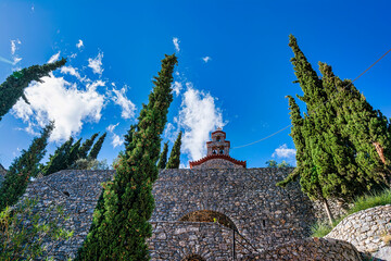 The Greek orthodox monastery Iera Moni Koimiseos Theotokou Kleiston at Canyon of Goura, Attica,...