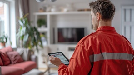 Security Systems Installer Checking the Installation with Digital Tablet. Concept of Installation, Maintenance and Repair of Intrusion Alarm Systems, CCTV, and Fire Detection Systems. Generative AI.