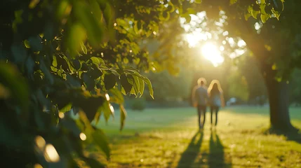 Zelfklevend Fotobehang Jovem casal caminhando de mãos dadas por um caminho ensolarado em um parque verde exuberante © Alexandre