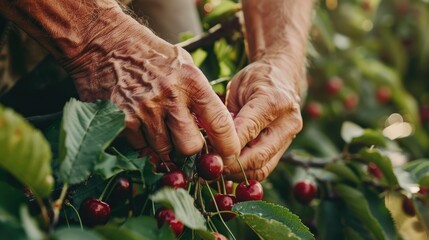 Close-Up of a Man's Hands Picking Cherry in a Cherry Plantation. Concept of Organic Fruits. Generative AI.