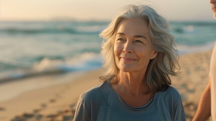 Adult Woman Walking on the Beach, Retirement Concept for Women. Generative AI.