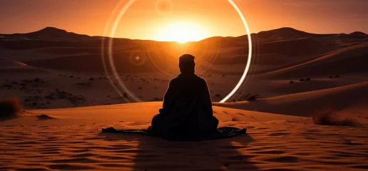 Foto op Canvas Silhouette of an alone man sitting on the sand in front of Sunrise in the morning in a desert. Cinematic style dramatic traveling background.  Generative AI © Op Creator