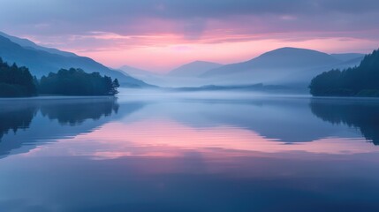 Fototapeta na wymiar Calm waters and mountains at dawn