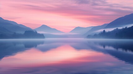 Fototapeta na wymiar Calm waters and mountains at dawn