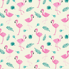 Tropical seamless pattern with flamingo and leaves. Vector hand drawn illustration.