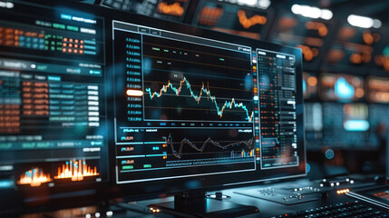 Fototapeta premium A futuristic computer screen with stock charts. Generative AI.