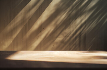 Empty wooden table counter, podium and shadows on the wall. Minimalist background for products.