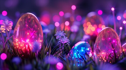 vibrant glossy neon colored easter eggs in meadow grass at night