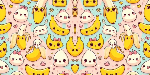 A cute pattern of cartoon bananas with faces and expressions on a pastel background, appealing to children and adults alike