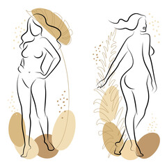 Collection. Silhouette of a cute lady and plant leaves. The girl is standing. The woman has a beautiful naked figure. She is young and slim. Vector illustration set.
